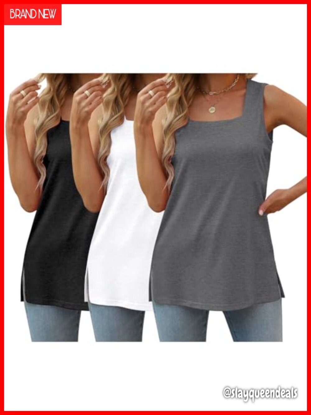 Plus Size Tank Tops 3 Pack Square Neck Sleeveless Summer Tees